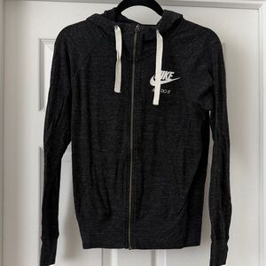 Nike Black Hooded Zip-Up Jacket with White Logo and Drawstrings